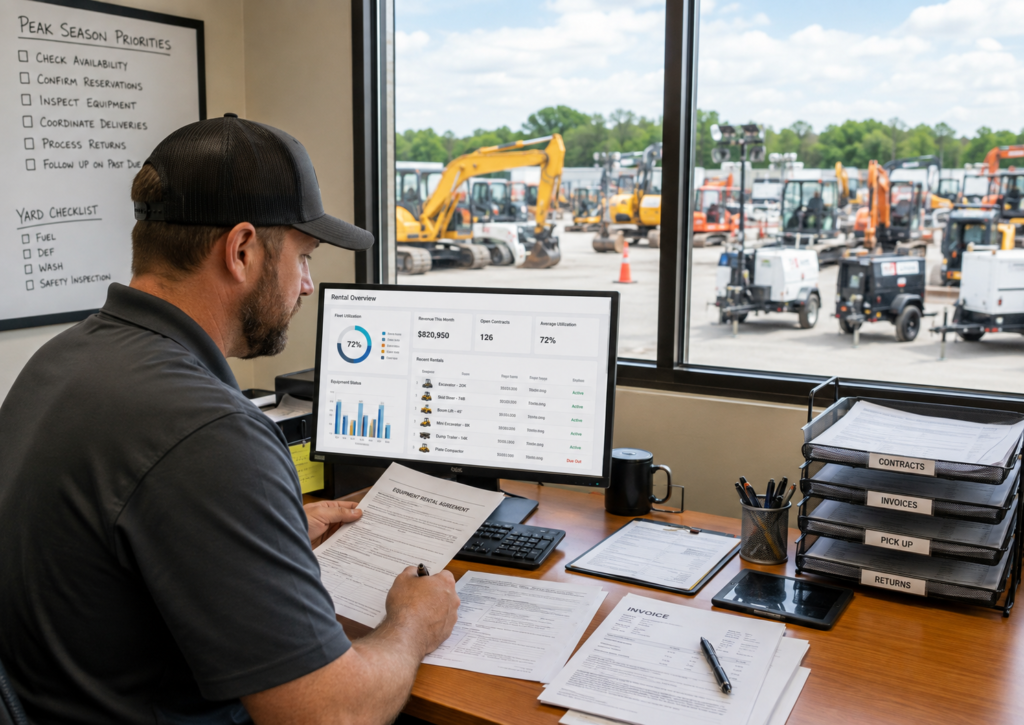 Equipment rental manager reviewing fleet contracts and billing activity during peak season