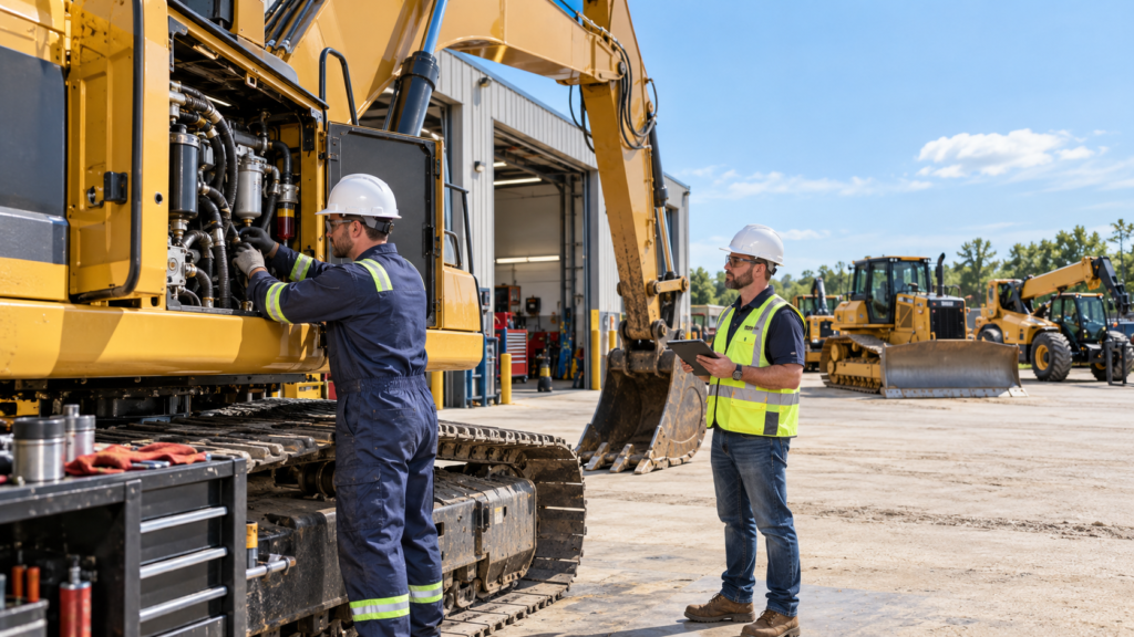 Equipment rental technicians performing planned maintenance on an excavator during peak season